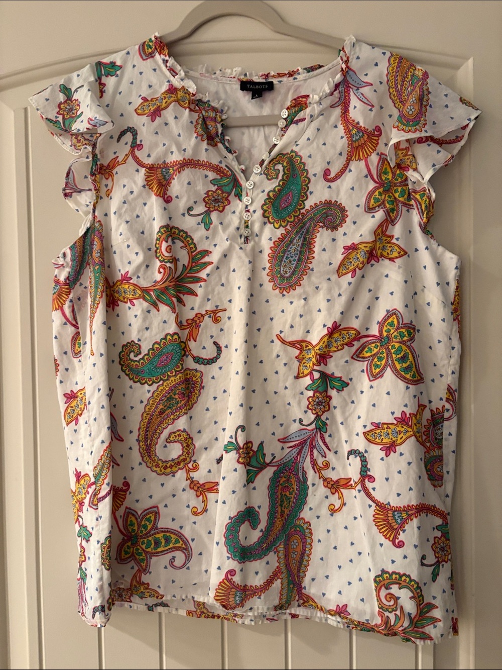 Talbots White Paisley Print Ruffle Sleeve Blouse